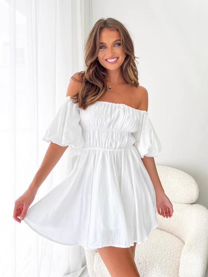 White Balloon Sleeve Off Shoulder Dress
