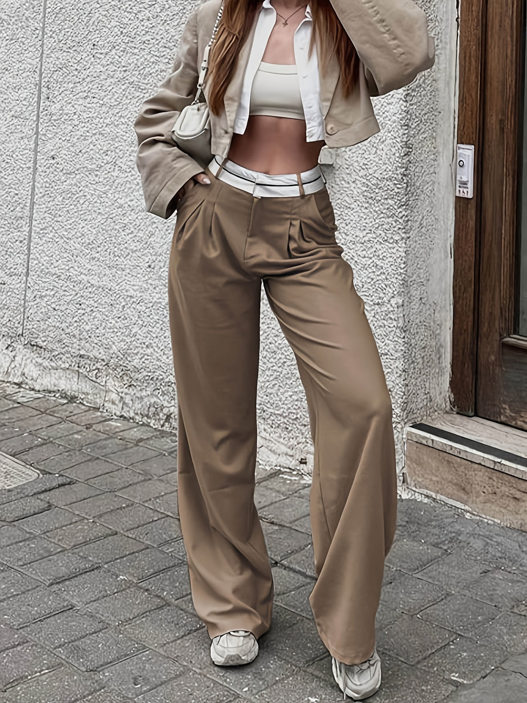 Brown Contrast Waist Wide Leg Pant