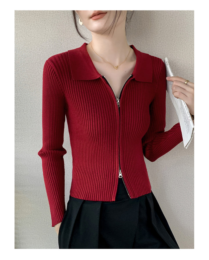 Red Full Sleeve Collared Front Zip Top
