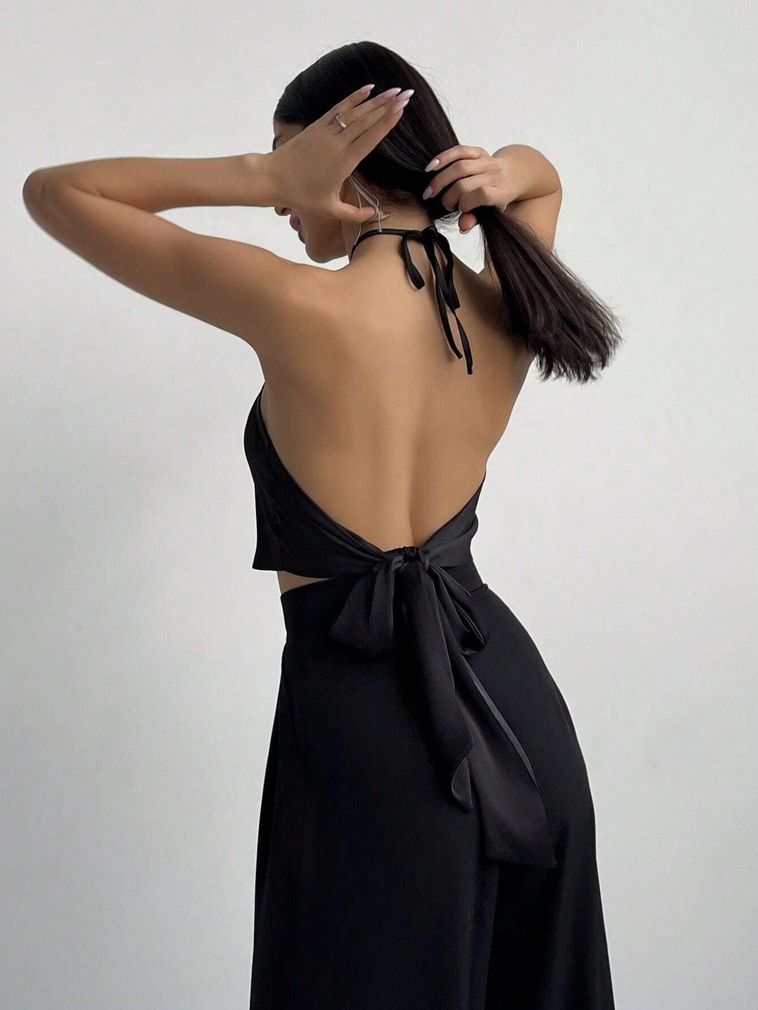 Black Halter Neck Buckle Attached Top