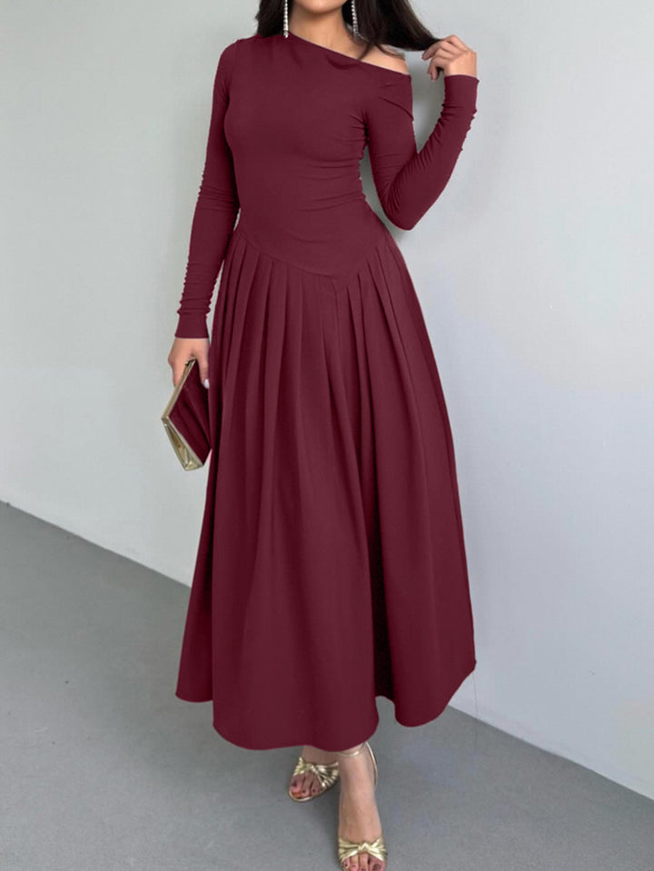 Burgundy Full Sleeve One Shoulder Dress
