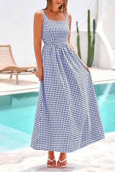 Blue Striped Square Neck Cinched Waist Dress