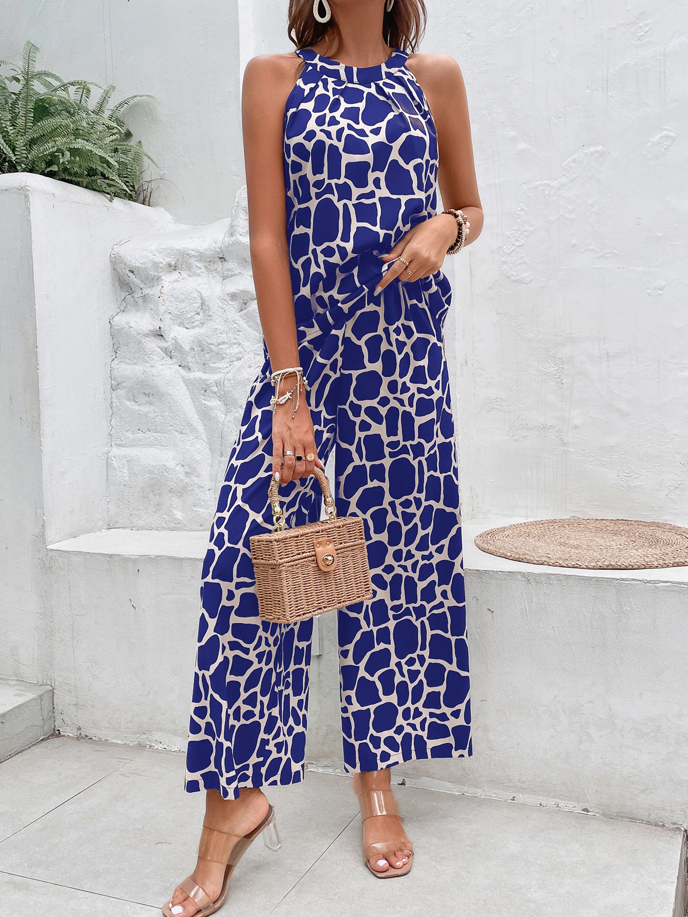 Blue Printed Sleeveless Jumpsuit