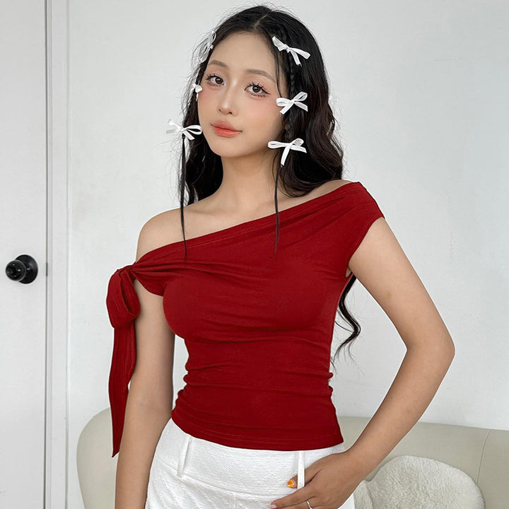 Red Off-Shoulder Tie Up Strap Top