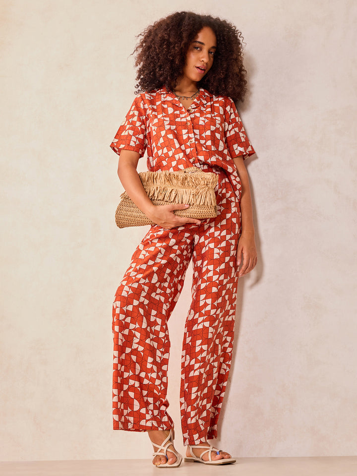 Rust Abstract Print Top And Pants Co Ord Set