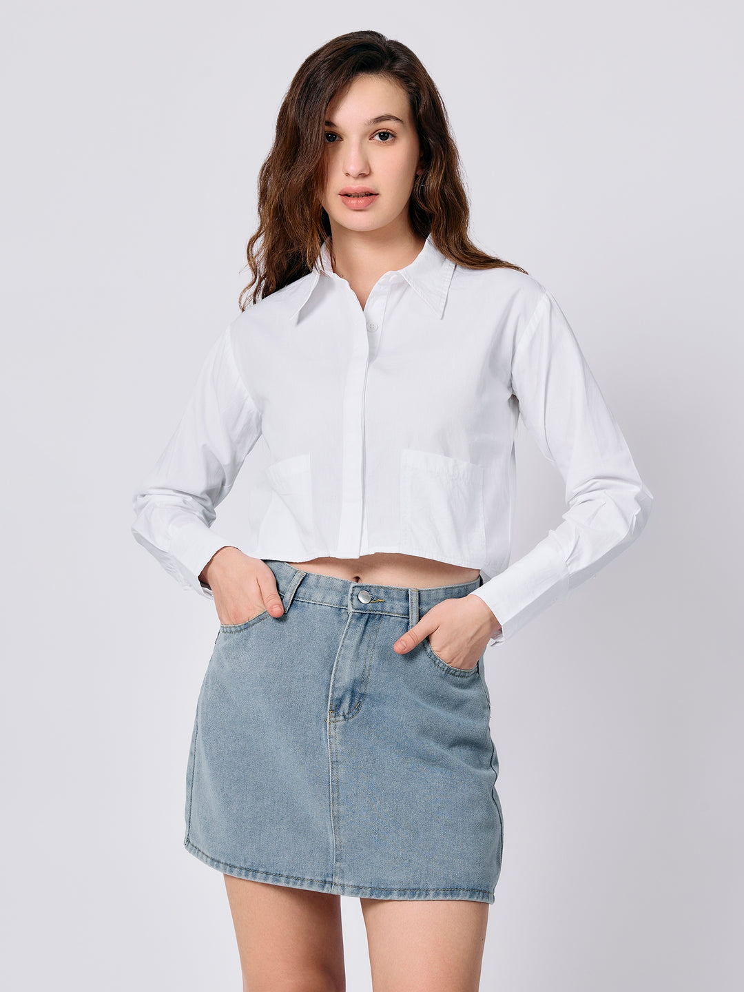 White Cropped Fitted Shirt