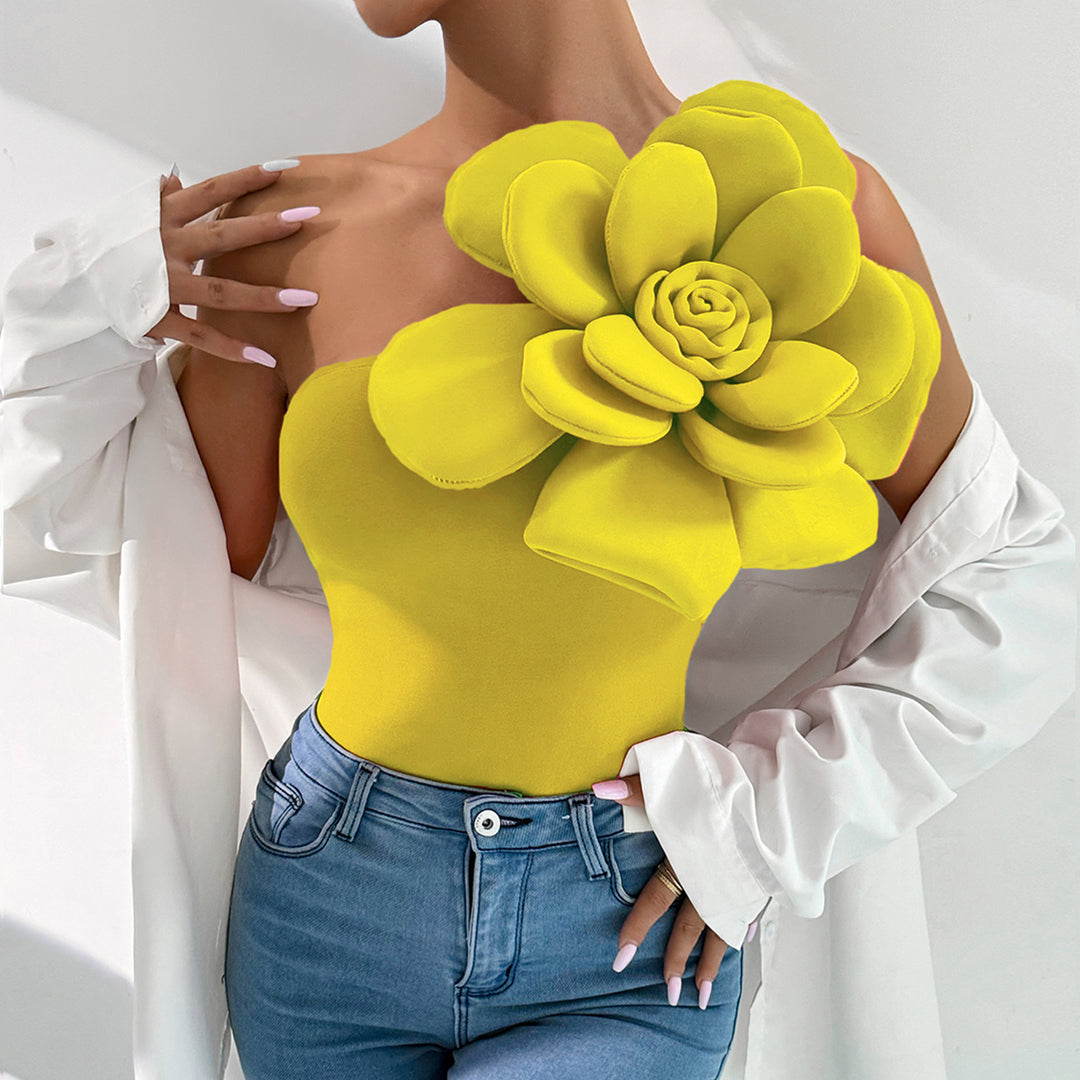 Yellow One Shoulder Flower Attached Top
