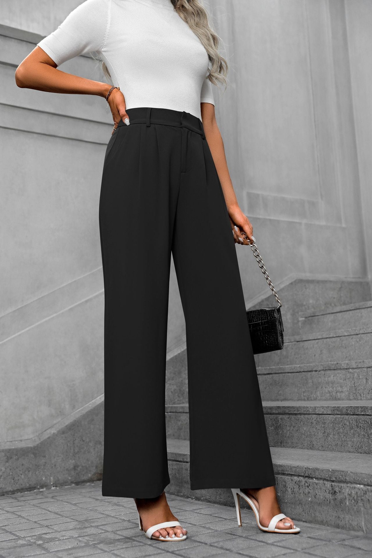 Black Waist Band Pleated Straight Fit Pants