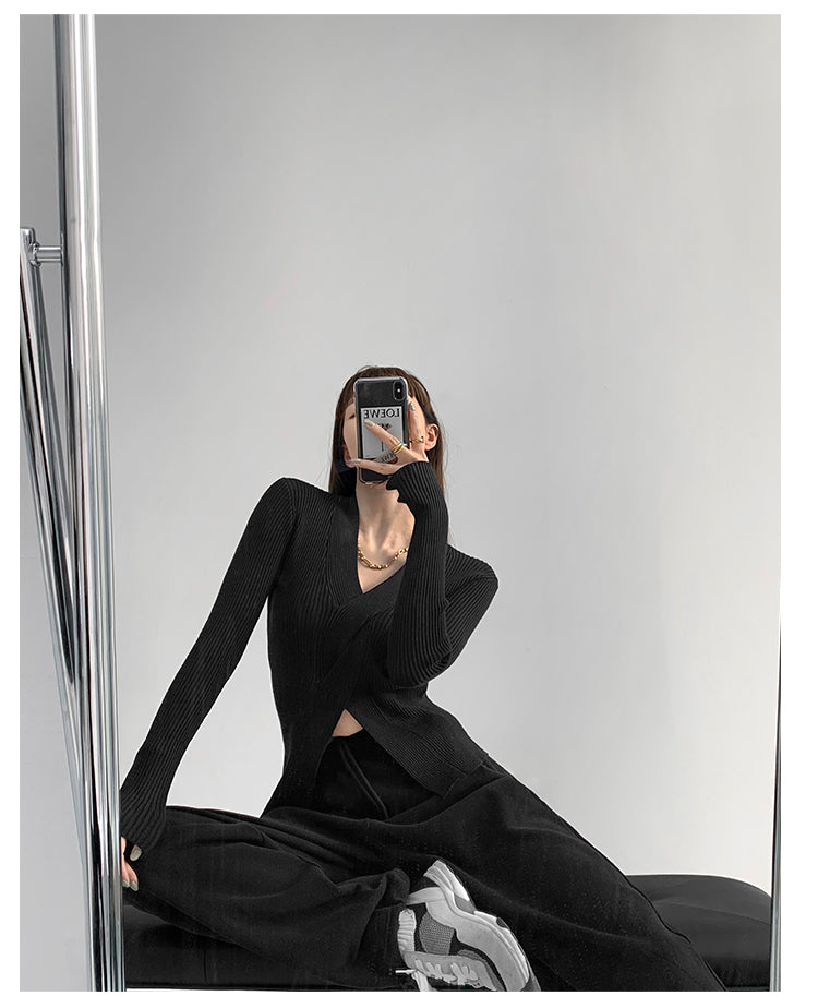 Black Full Sleeve V Neck Wrap Pullover Top