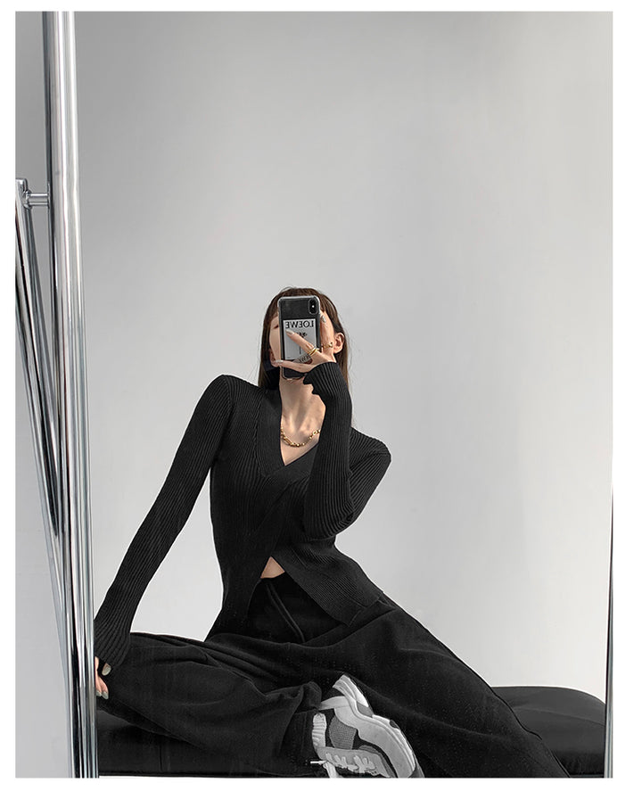 Black Full Sleeve V Neck Wrap Pullover Top