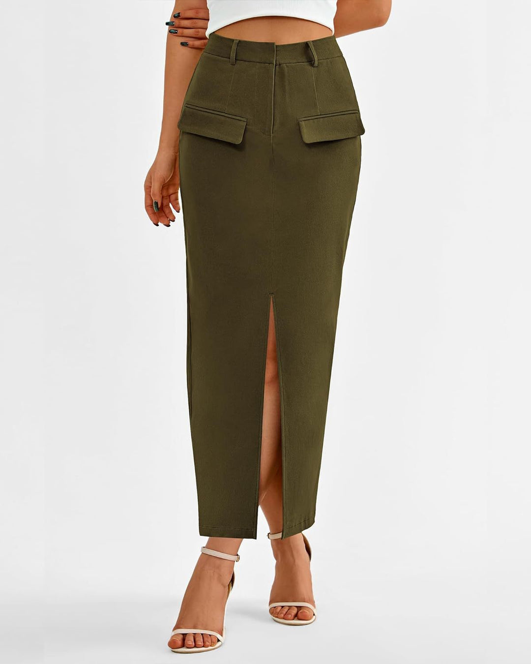 Olive Front Pocket With Pocket Midi Skirt