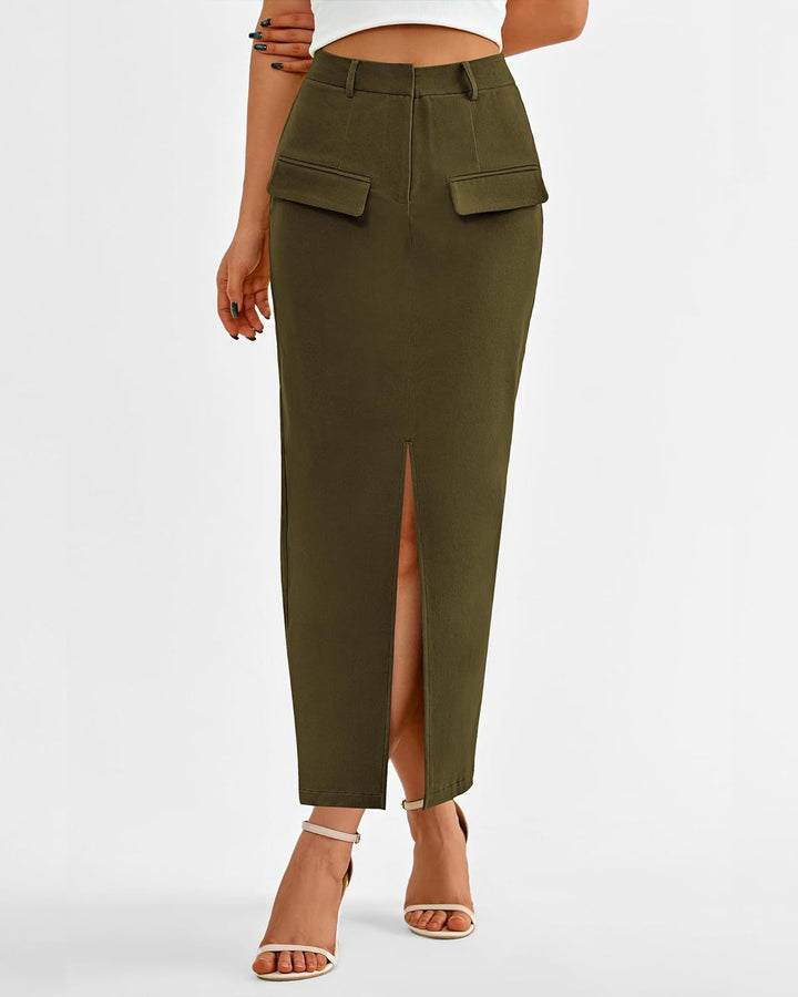 Olive Front Pocket With Pocket Midi Skirt