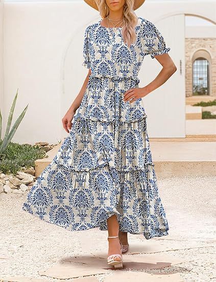 Blue Scoop Round Neck Printed Tiered Dress