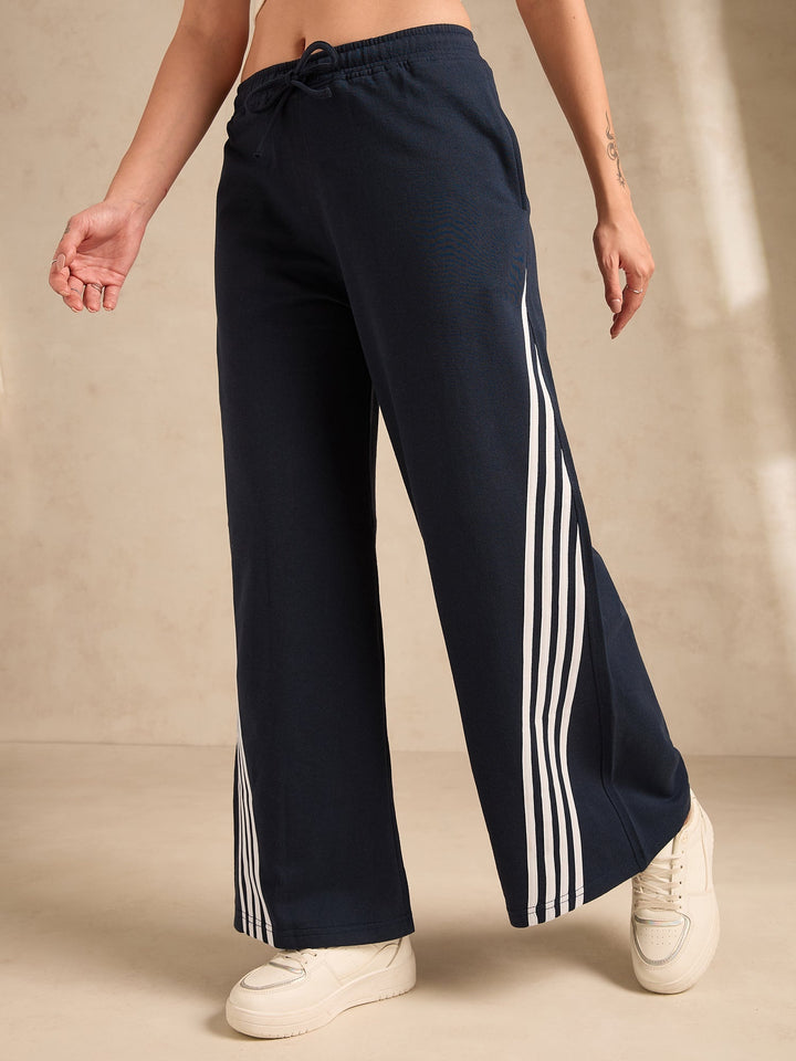 Navy Blue Contrast Striped Wide Leg Sweatpants
