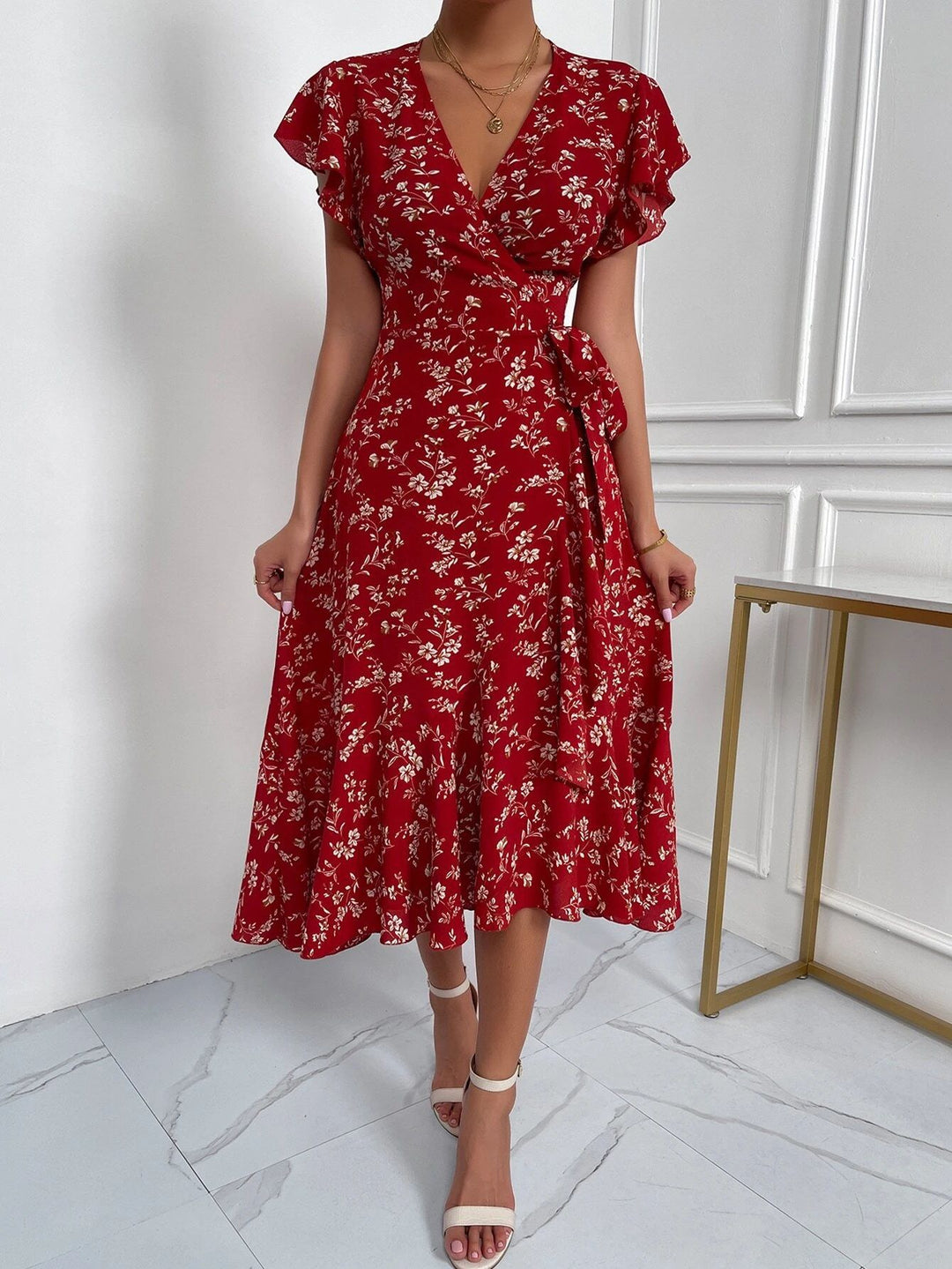 Red V-Neck Wrap Dress