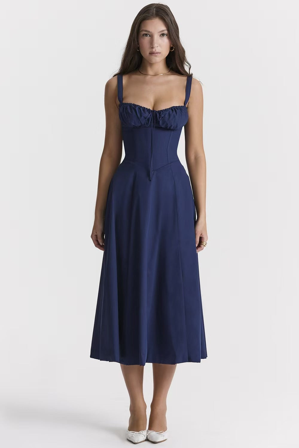 Navy Blue Strappy Corset Midi Dress