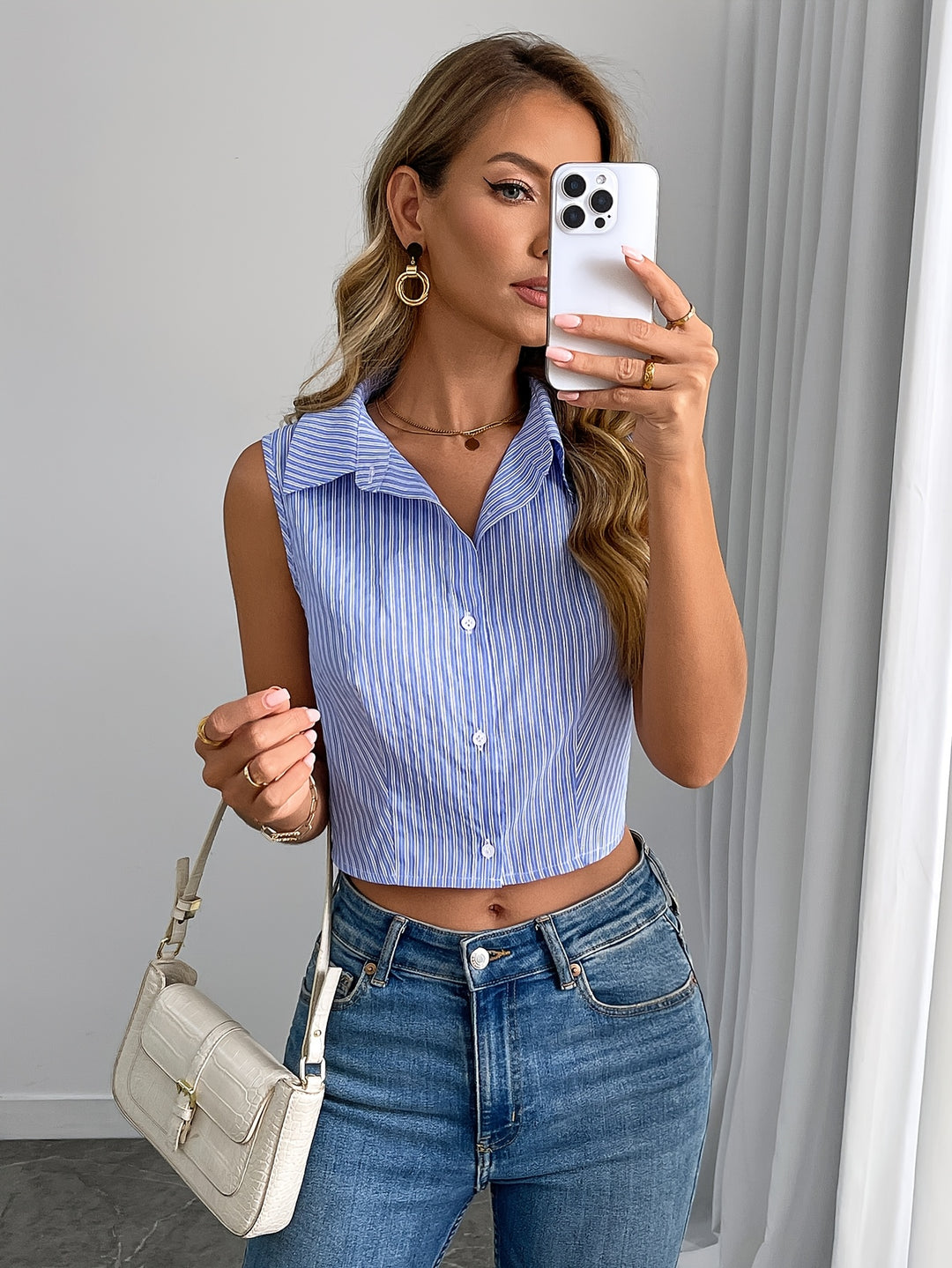 Blue Sleeveless Collared Back Bow Tieup Top