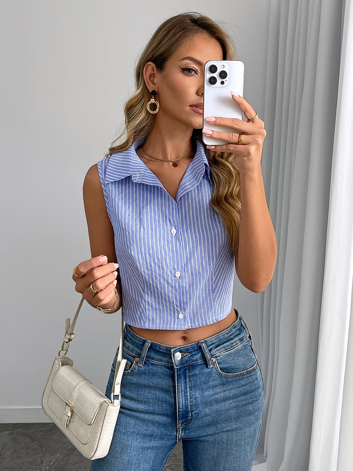 Blue Sleeveless Collared Back Bow Tieup Top
