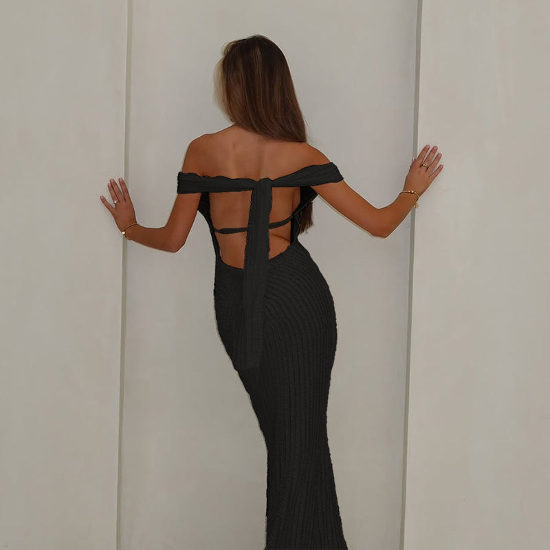 Black Off-Shoulder Textured Beach Dress