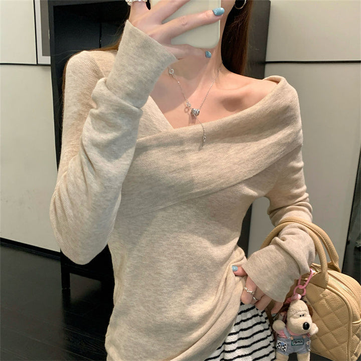 Beige Off-Shoulder Flat Knit Top