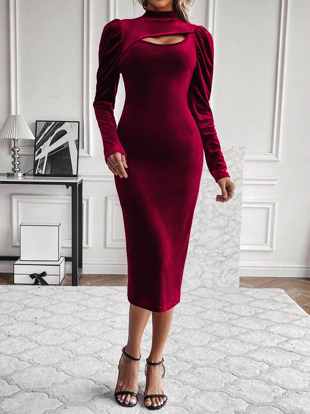 Wine Cut Out Full Sleeve Fitted Dress