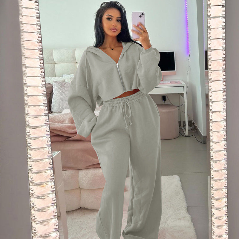 Grey Crop Hoodie With Relaxed Fit Jogger Co-Ord Set