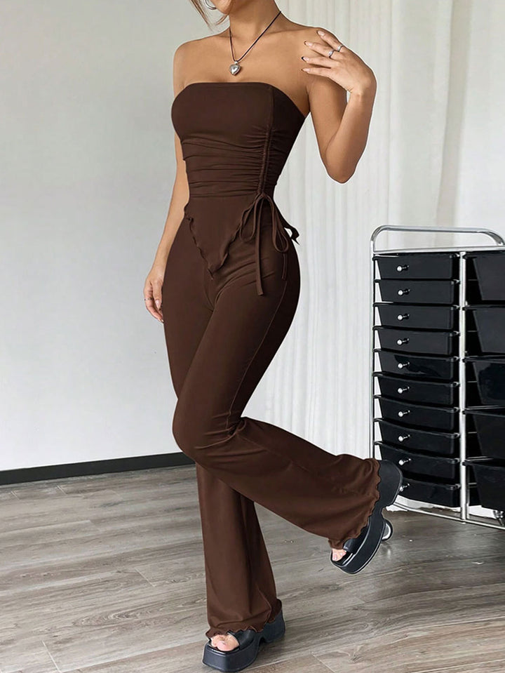 Brown Strapless Side Ruched Asymmetrical Hem Co-Ords Set