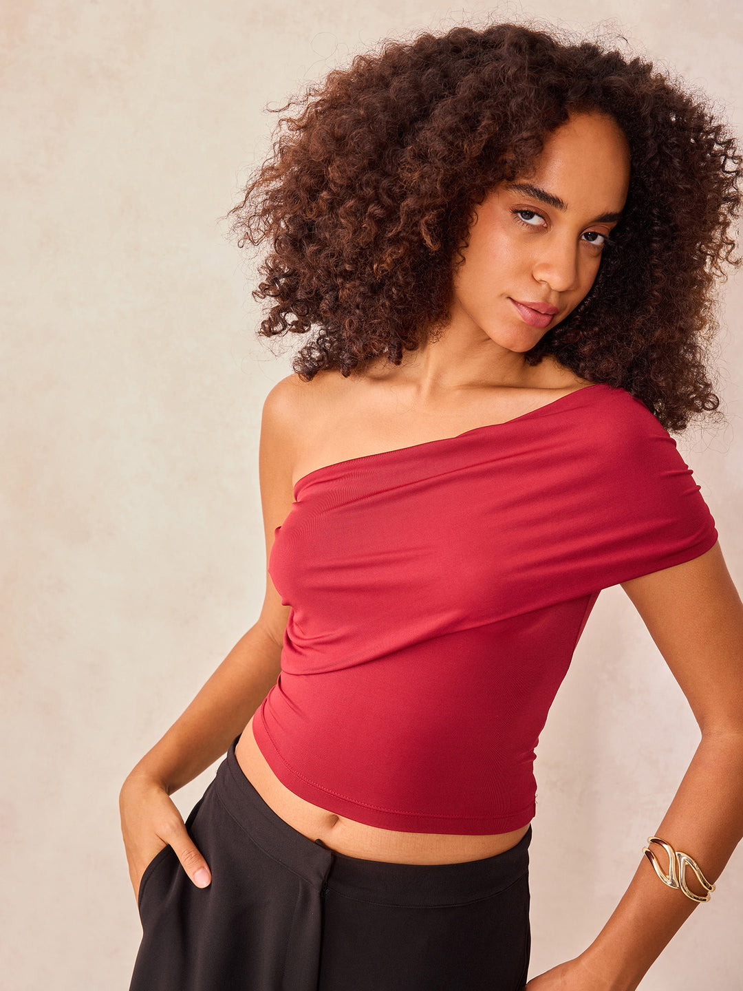 Red Textured One Shoulder Knit Top