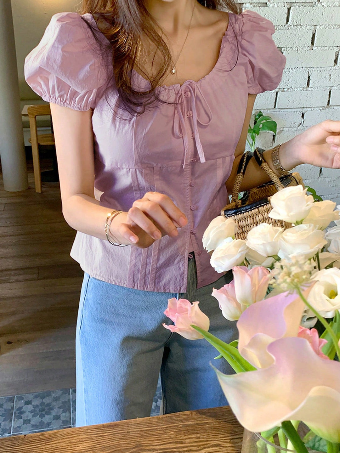 Lavender Puff Sleeve Front Tie Up Top