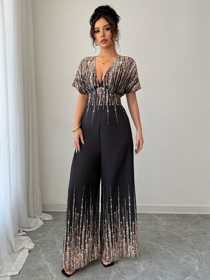 Black Shimmer Plunge Neck Jumpsuit