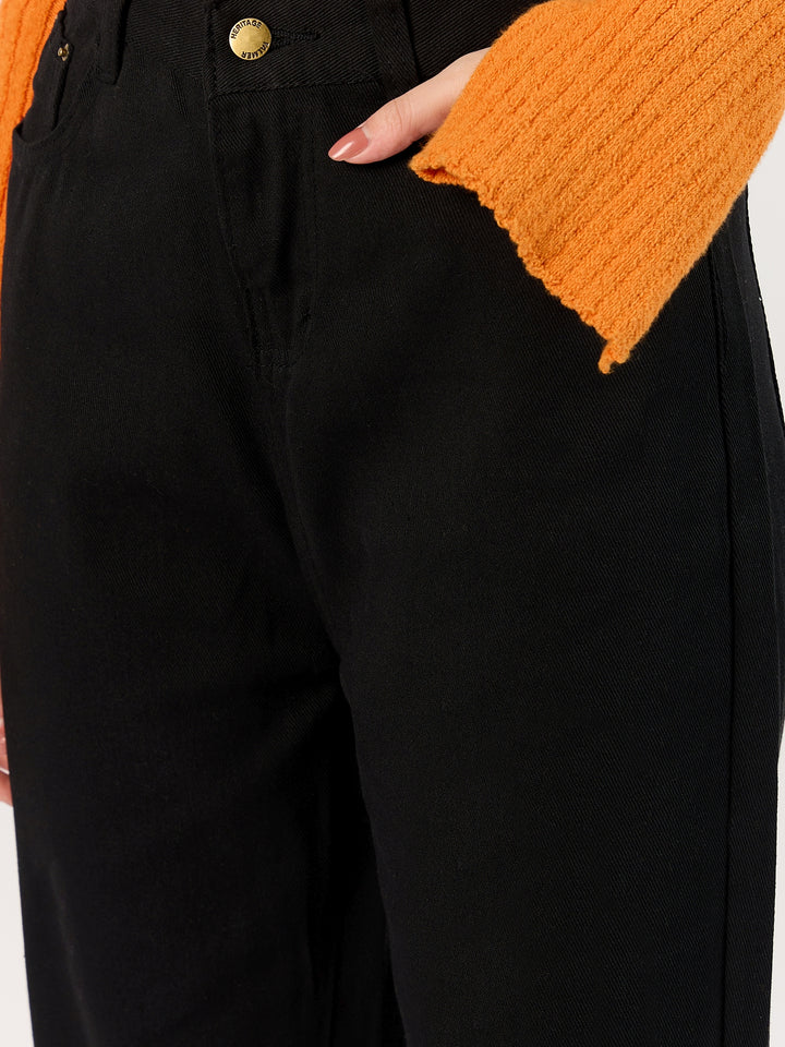 Black Freyed Hem Straight Denim Jeans