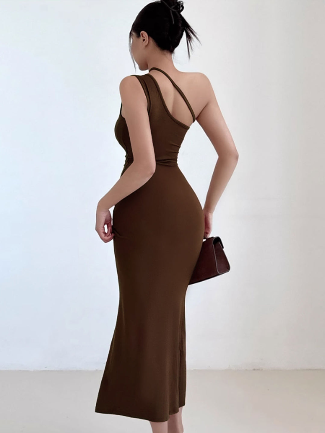 Brown One Shoulder Fitted Dress