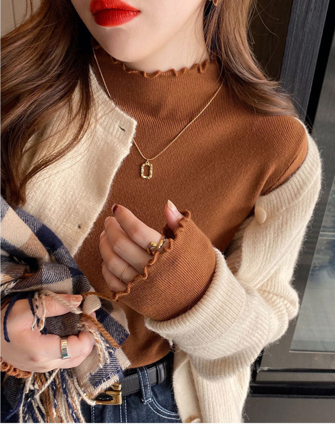 Brown Full Sleeve Scallop Hem Mock Neck Fitted Top