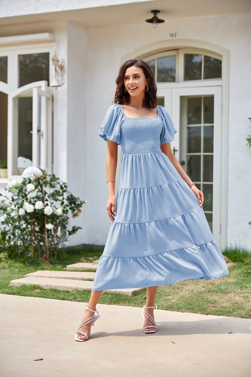 Blue Square Neck Puff Sleeved Tiered Dress