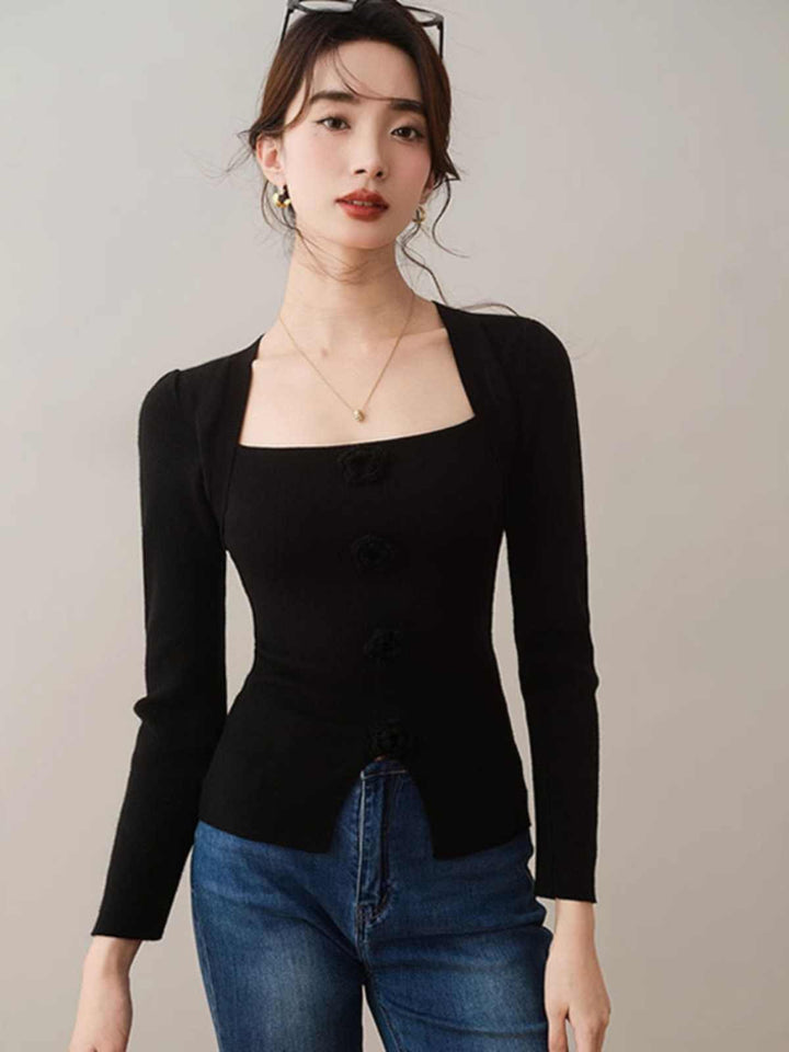 Black Full Sleeve Square Neck Flower Trim Top