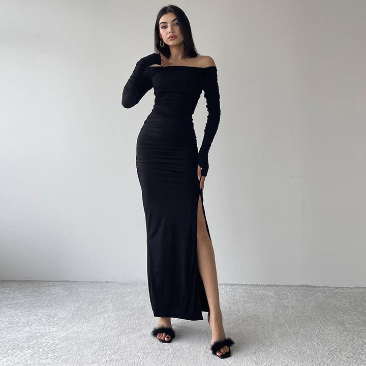 Black Ruched Bodycon Long Sleeve Dress