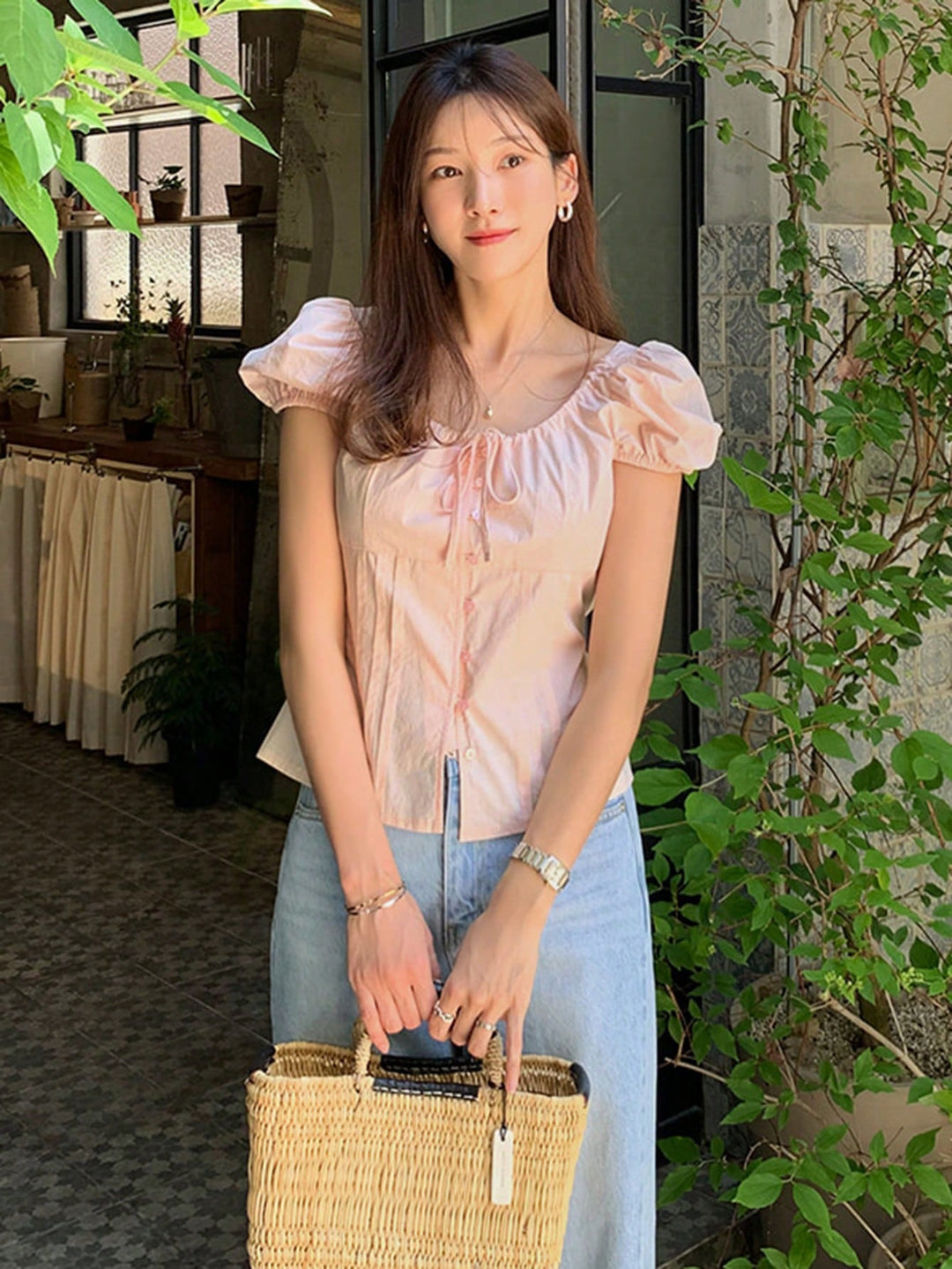 Pink Puff Sleeve Front Tie Up Top