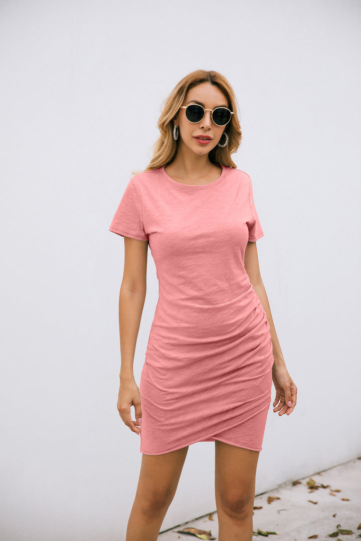 Pink Solid Wrap Over Hem Dress