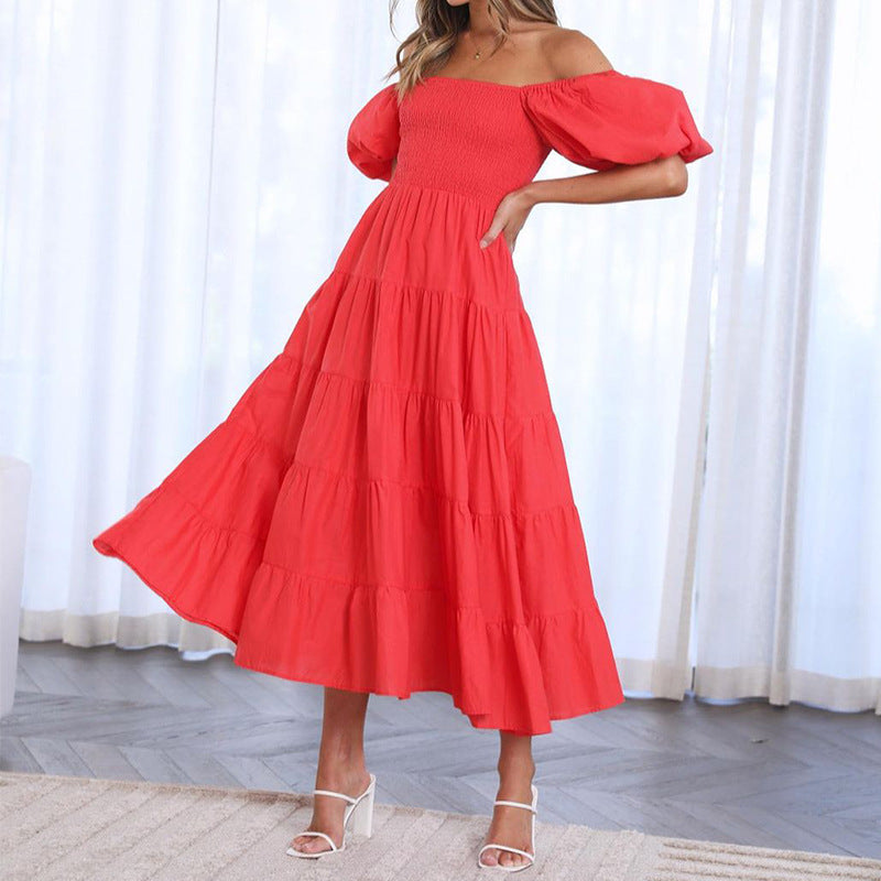 Red Off Shoulder Tier Dress With Smocking