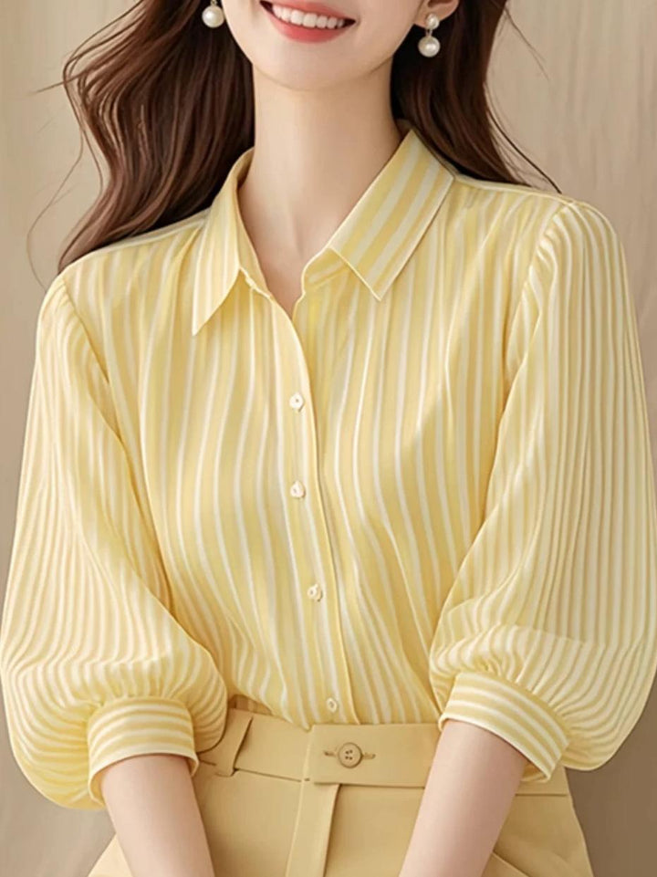 Yellow Striped Shirt With Balloon Sleeves