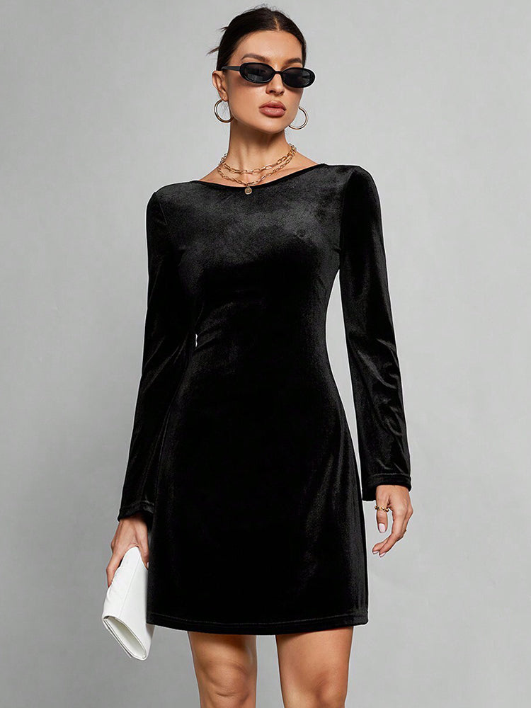 Black Back U Neck Tie Up Skater Dress