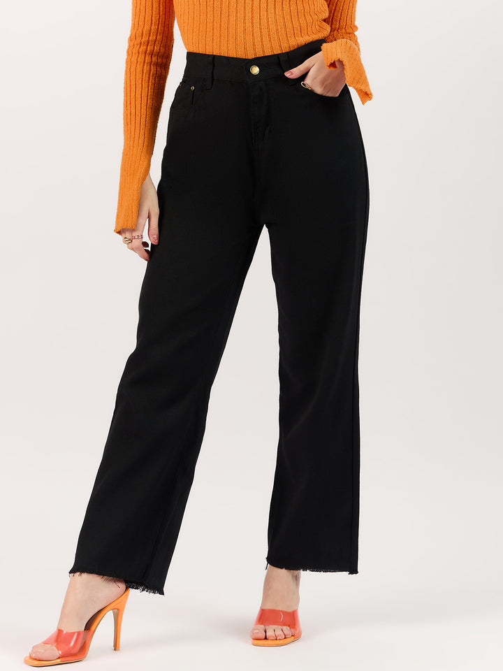 Black Freyed Hem Straight Denim Jeans