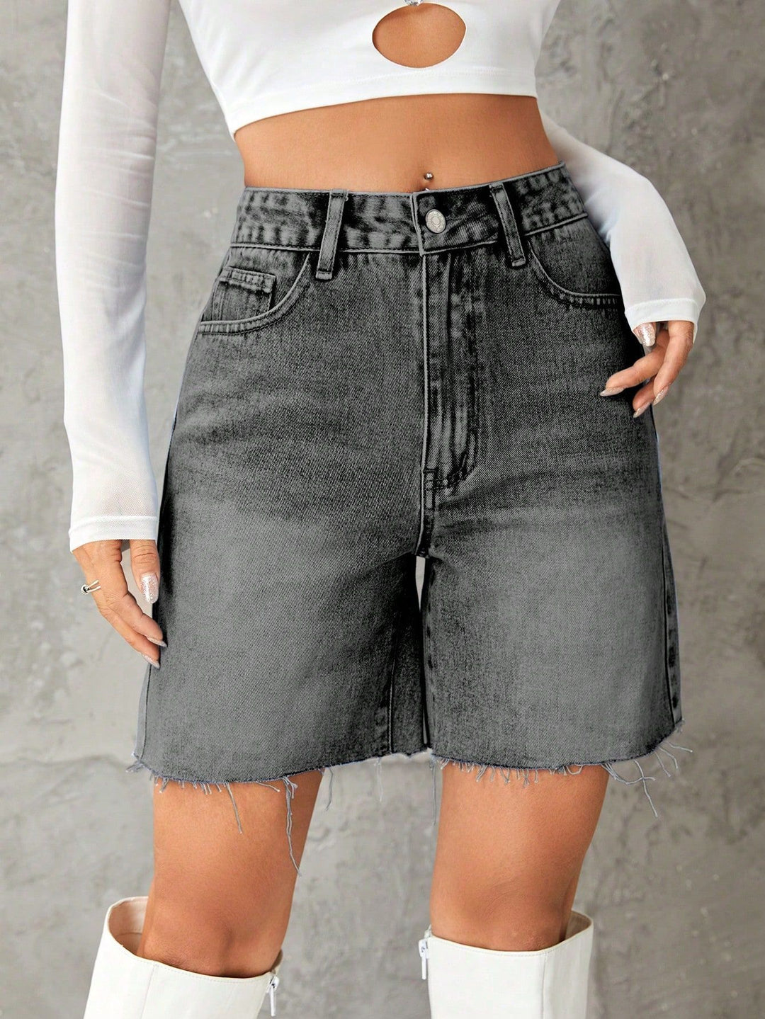 Grey Denim Shorts With Freyed Hem
