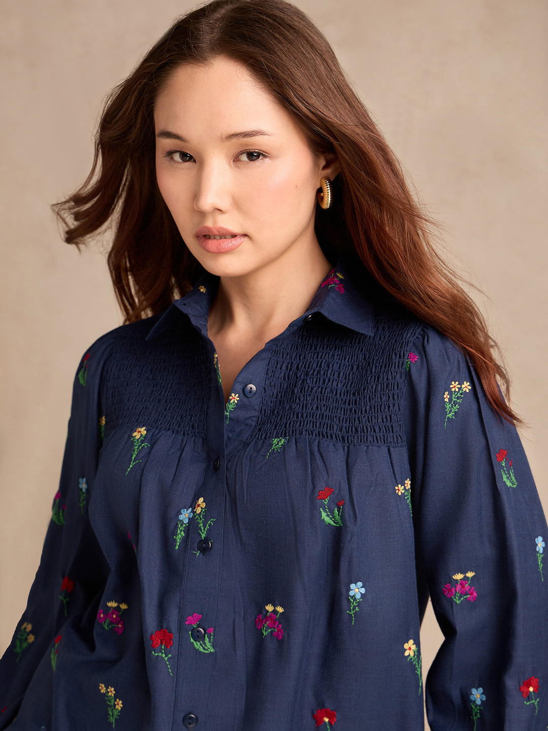 Navy Blue All-over Embroidered Blouse With Smocked Yoke Detail