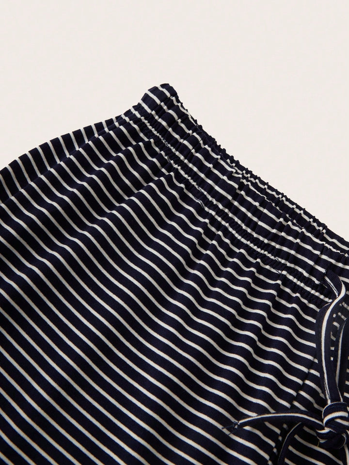 Blue Striped Drawstring Wide Leg Trousers