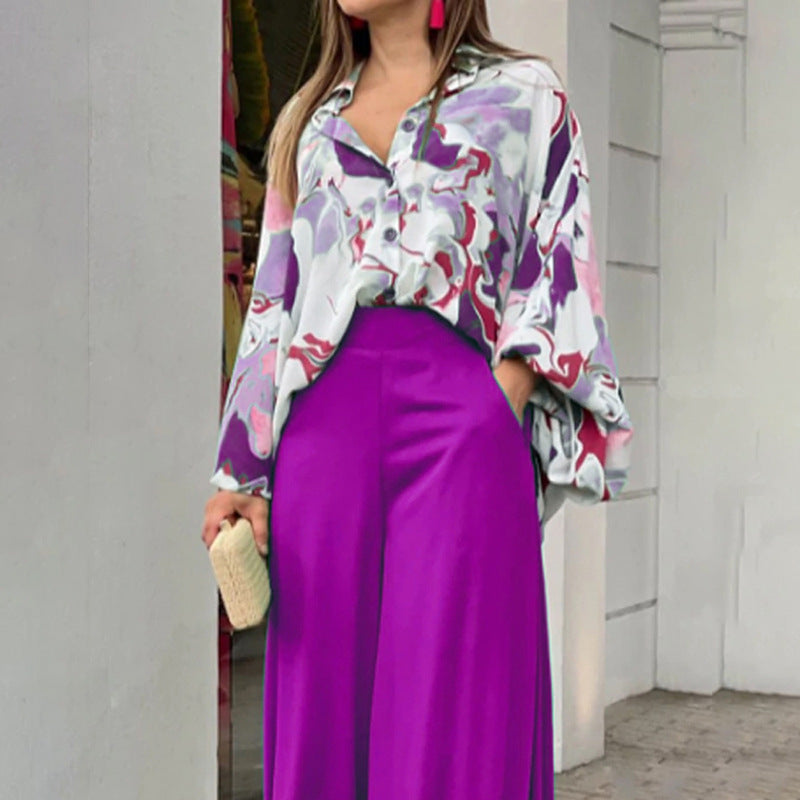 Purple Printed Shirt And Solid Wide Leg Trouser Co-Ord Set