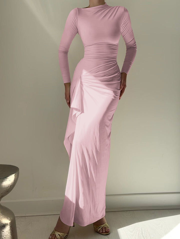 Pink High Neck Side Ruched Dress