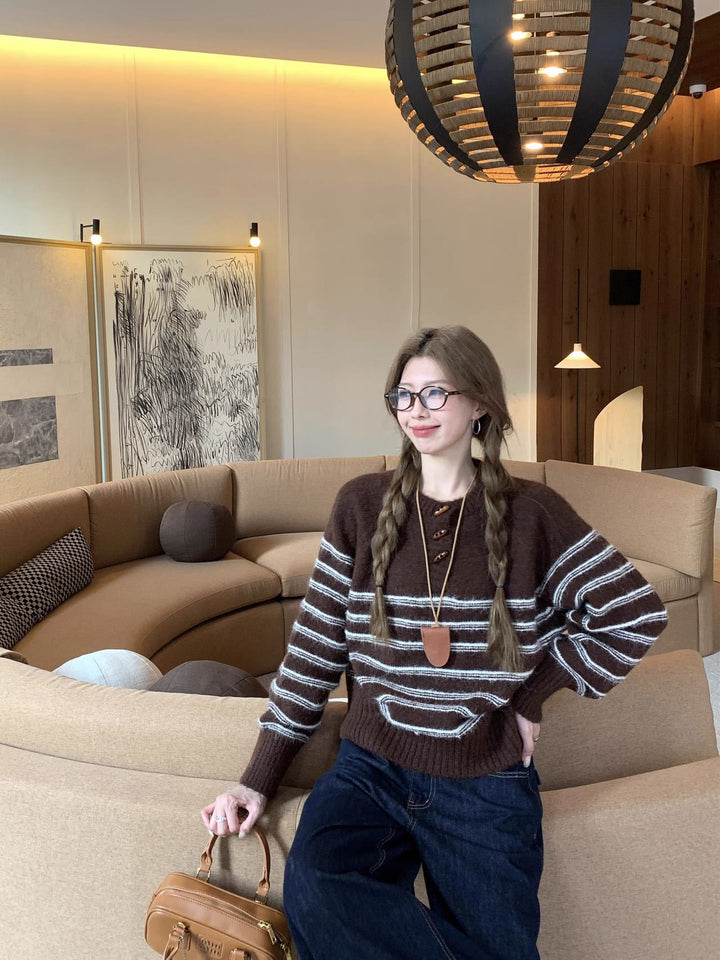 Brown Full Sleeve Striped Sweater