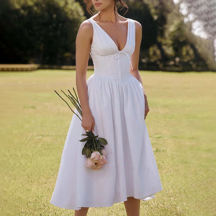 White V Neck Corset Flared Dress