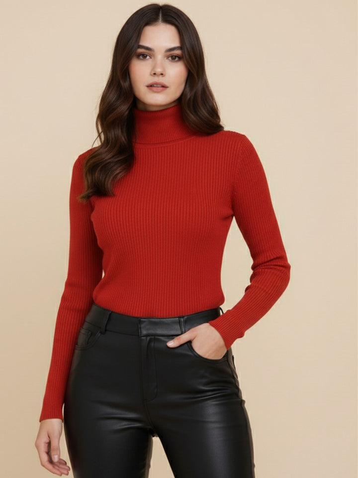 Red Full Sleeve Mock Neck Sweater